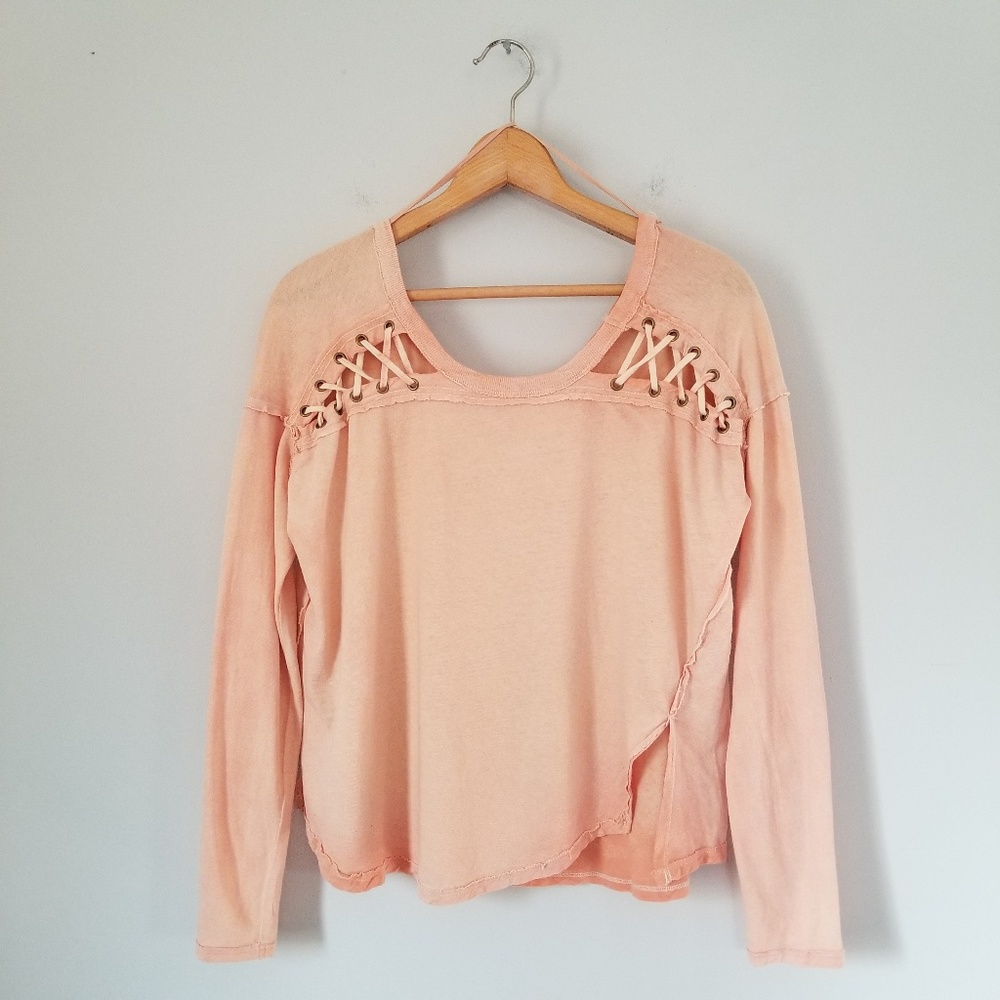 Free People We The Free Linen Blend Oversized Relaxed Fit Long Sleeve Top Sz XS